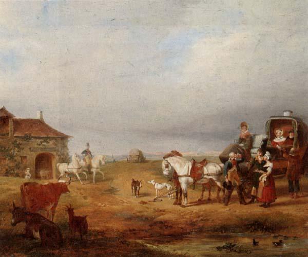  An open landscape with a horse and carriage halted beside a pond,with anmals and innnearby